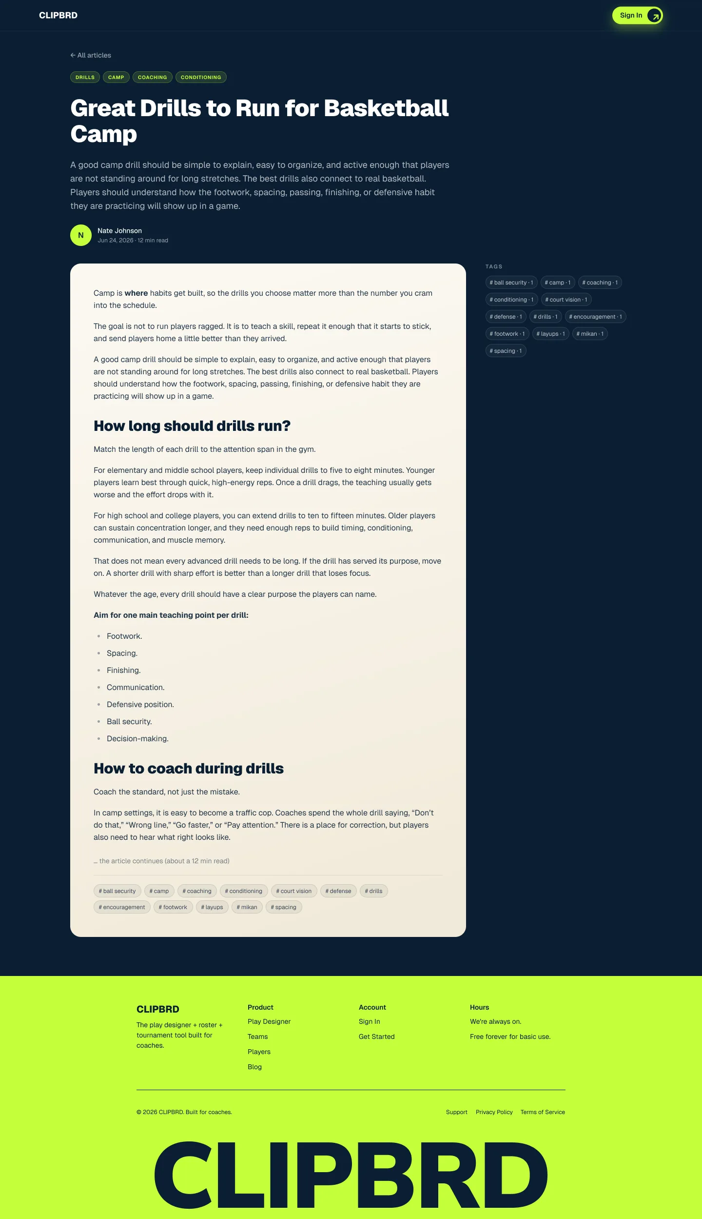 A full Clipbrd blog article page about running a basketball camp