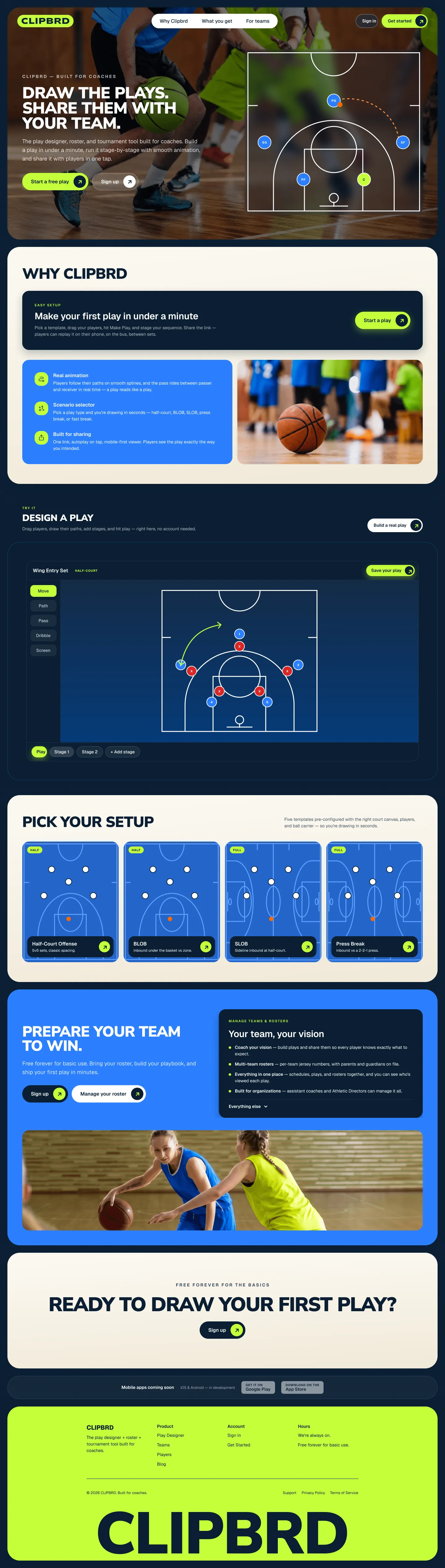 The full Clipbrd homepage design, from the play-drawing hero to the lime footer
