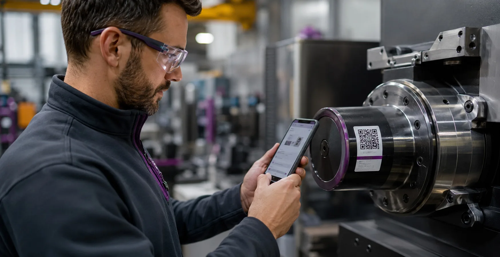 A technician in safety glasses scanning the barcode label on a machined spindle housing with a phone, the part's page already open on the screen