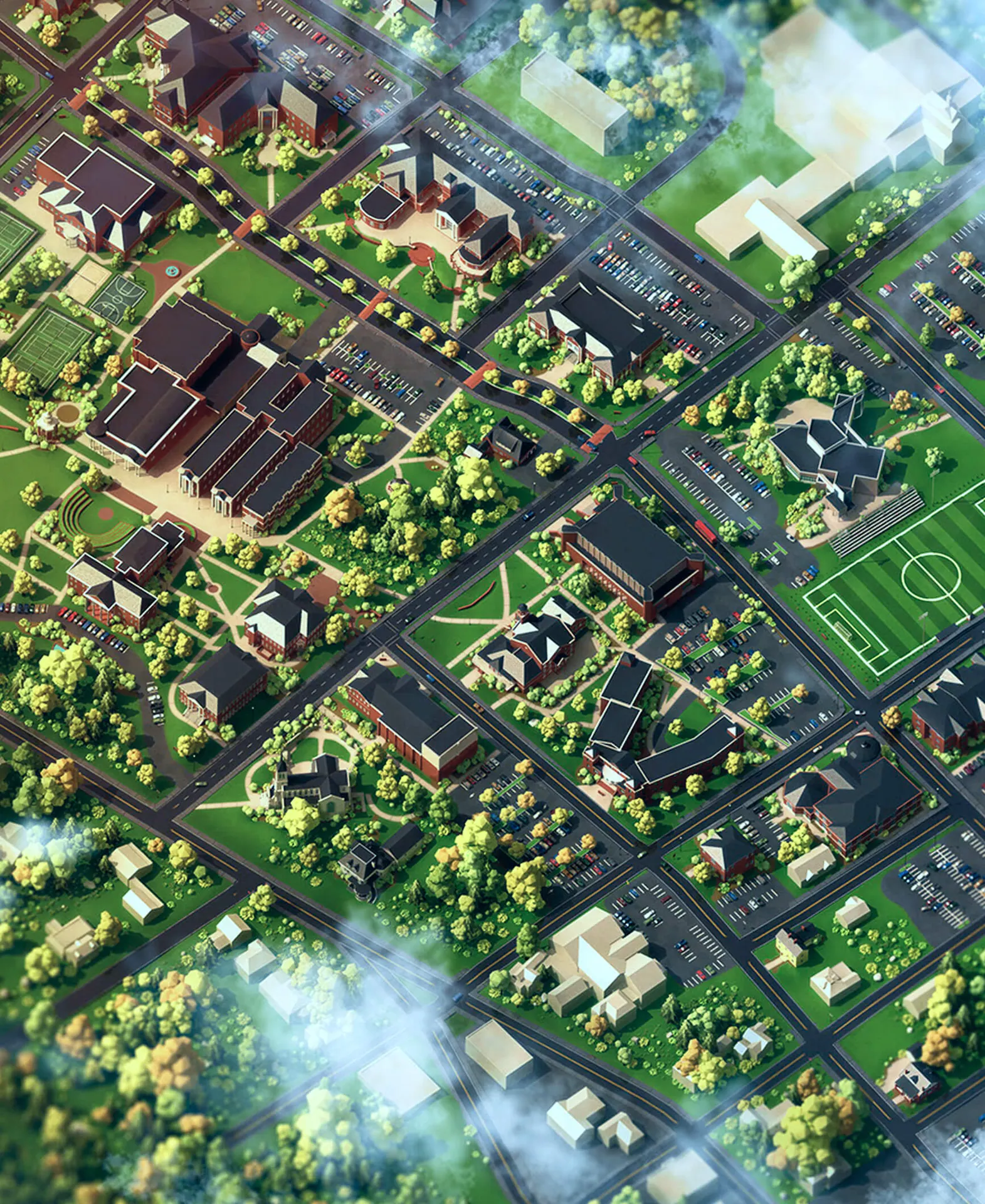 A photorealistic 3D render of the Lee University campus.