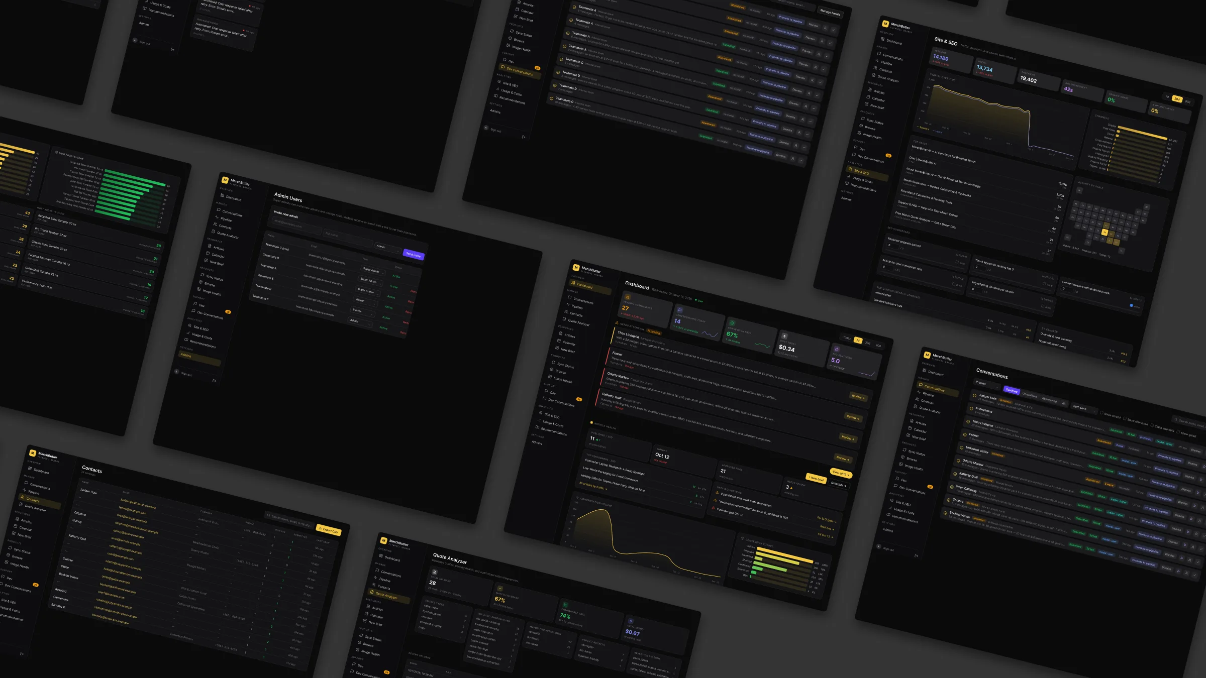 Admin screens show the dashboard, conversations, pipeline, quote analysis, calendar, and analytics.