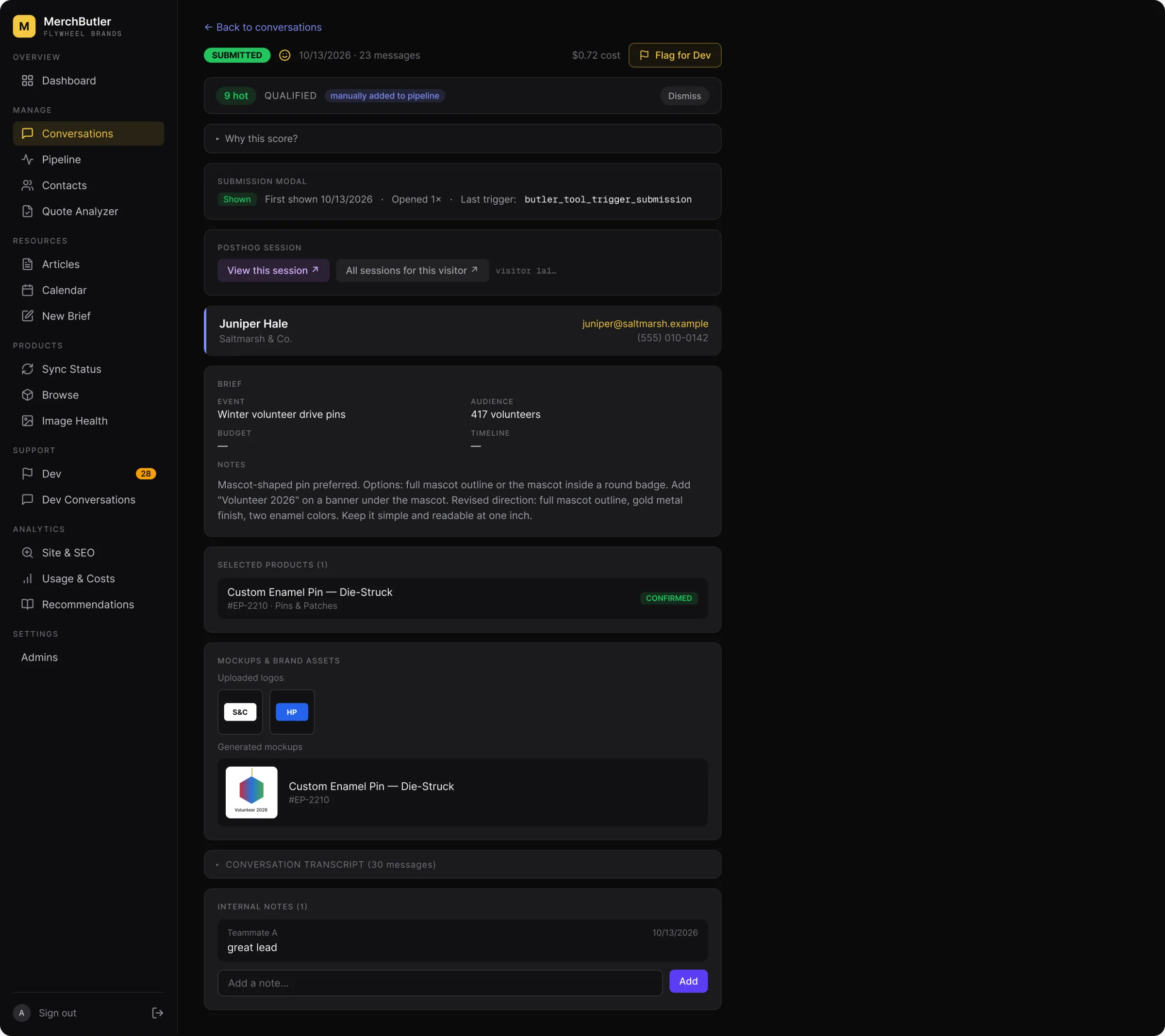 Lead detail with warmth score, request activity, replay links, buyer brief, products, mockups, and notes.