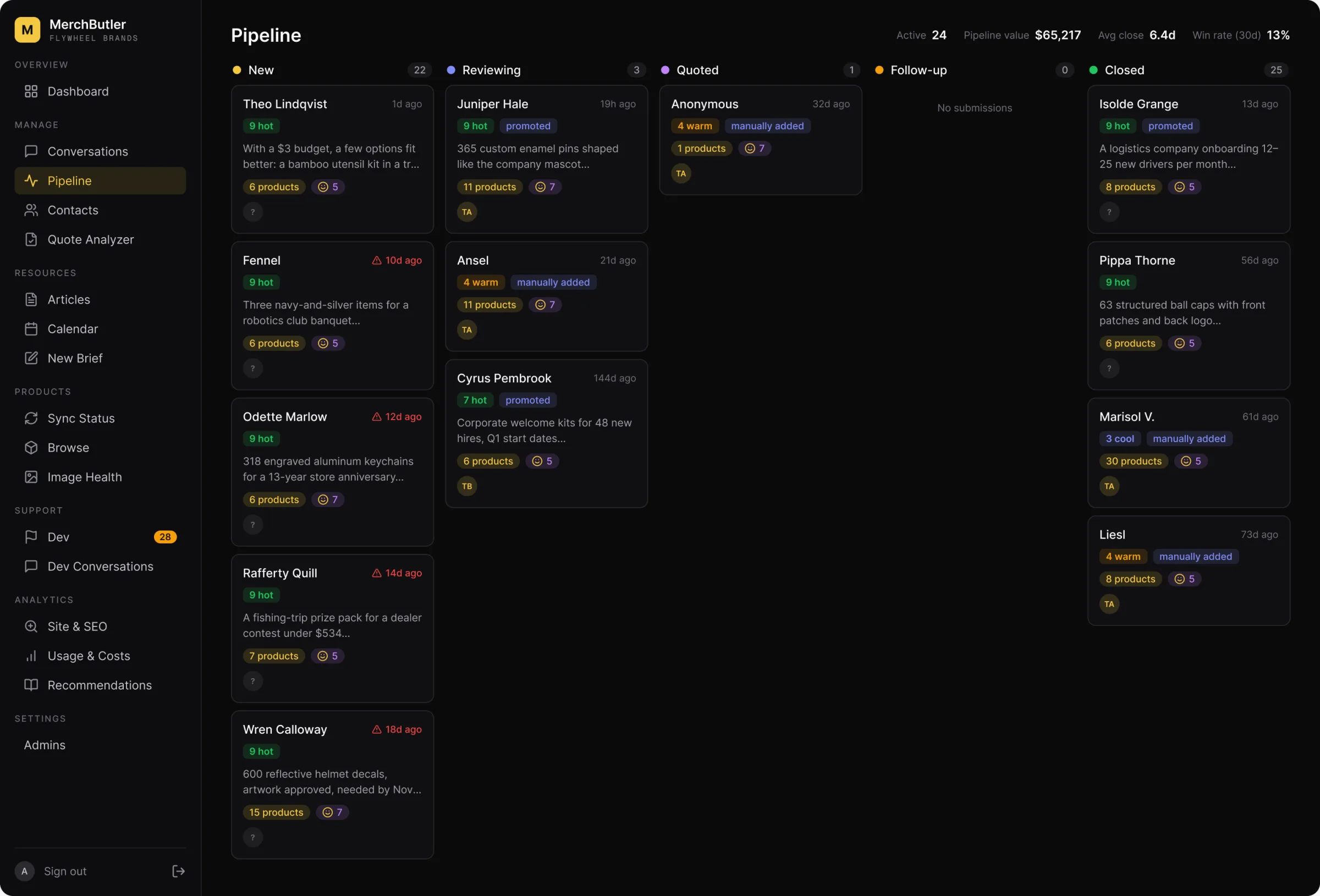 Sales pipeline board with New, Reviewing, Quoted, Follow-up, and Closed columns.