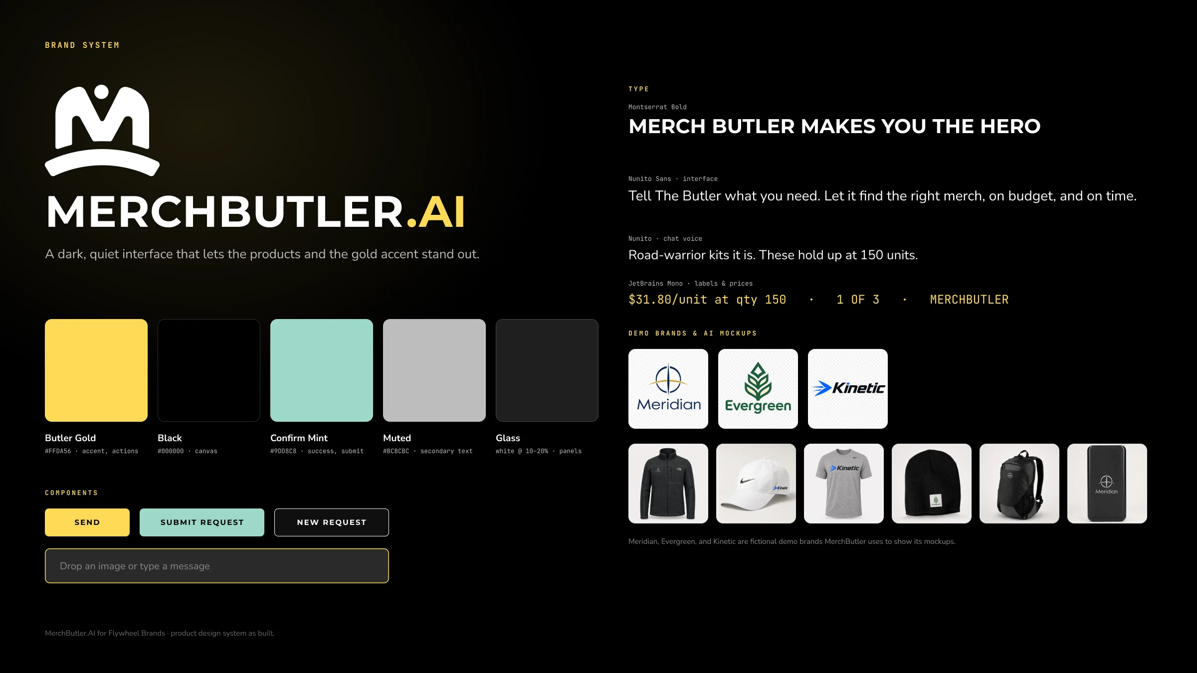 MerchButler logo, color palette, typography, demo brands, and branded product mockups.