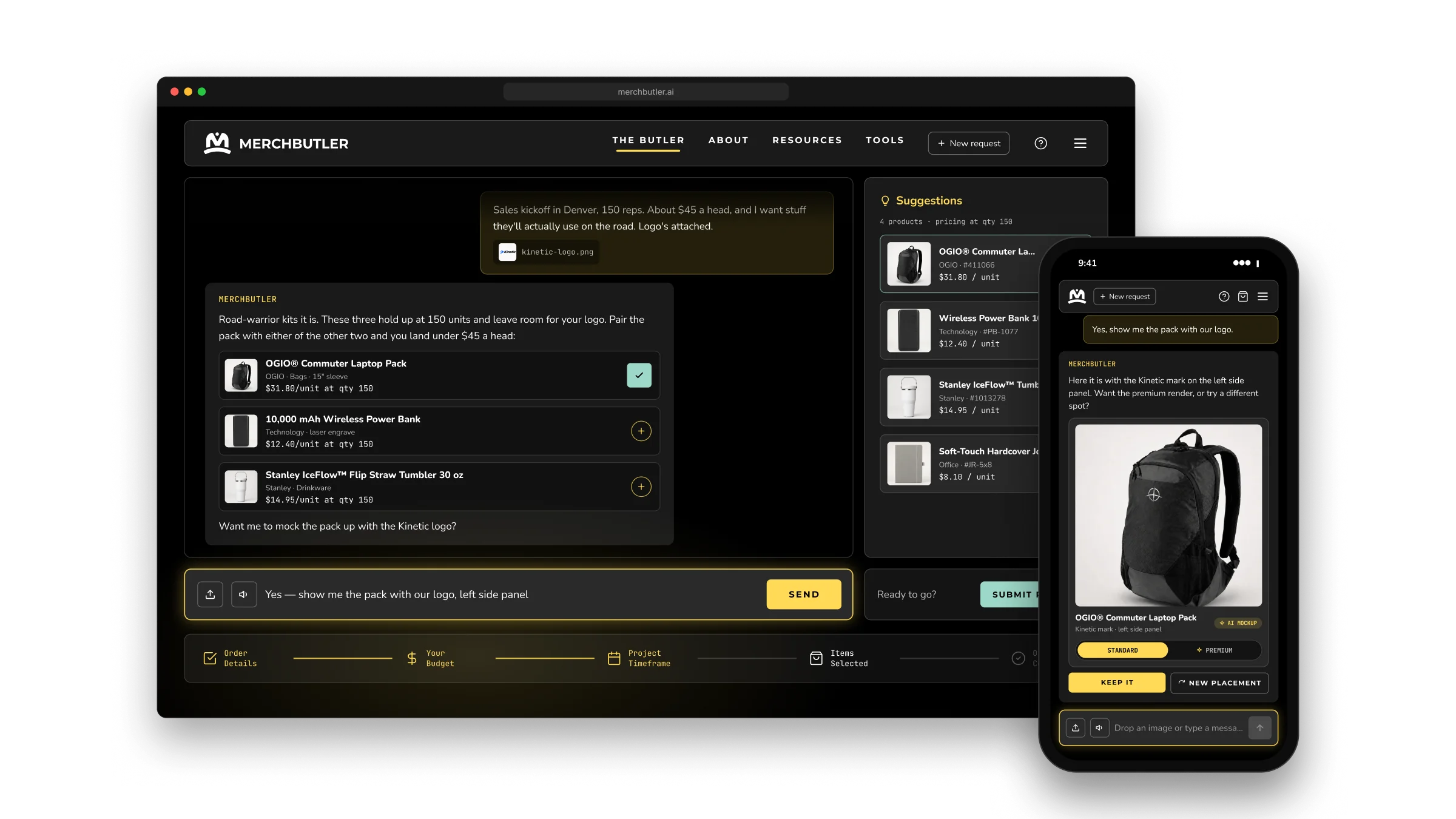 MerchButler chat and priced products on desktop, with a branded backpack mockup on mobile.