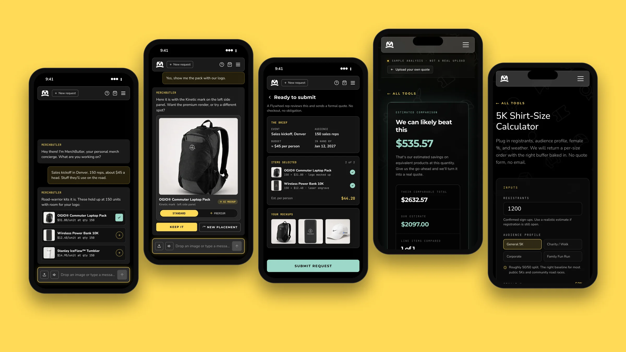 Five mobile views show chat, mockups, request summary, quote comparison, and shirt sizing.