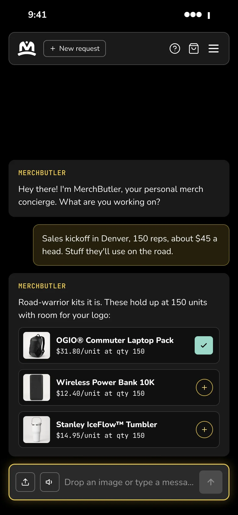 Mobile chat recommends a laptop pack, power bank, and tumbler, priced for 150 units.