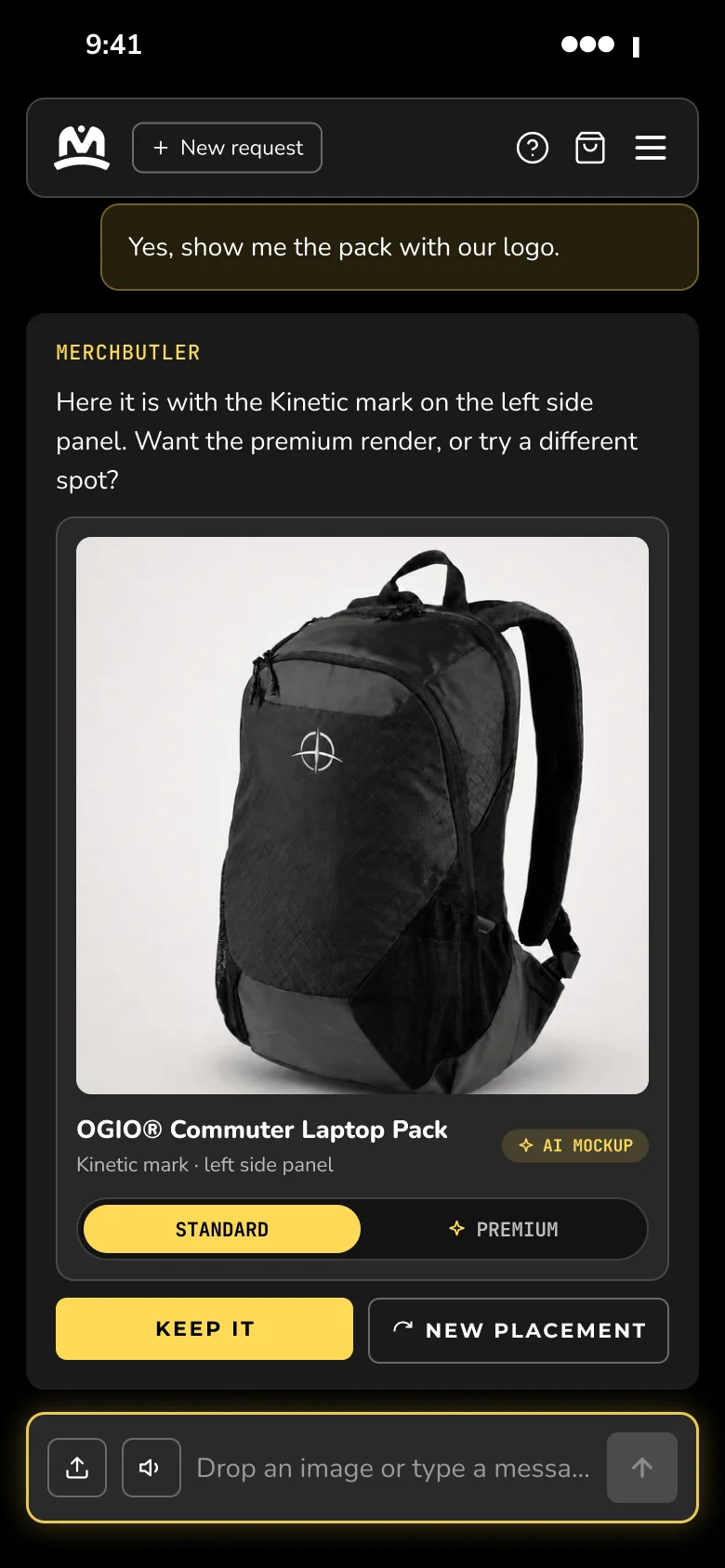 Mobile preview of a buyer’s logo on an OGIO backpack, with standard and premium mockup options.