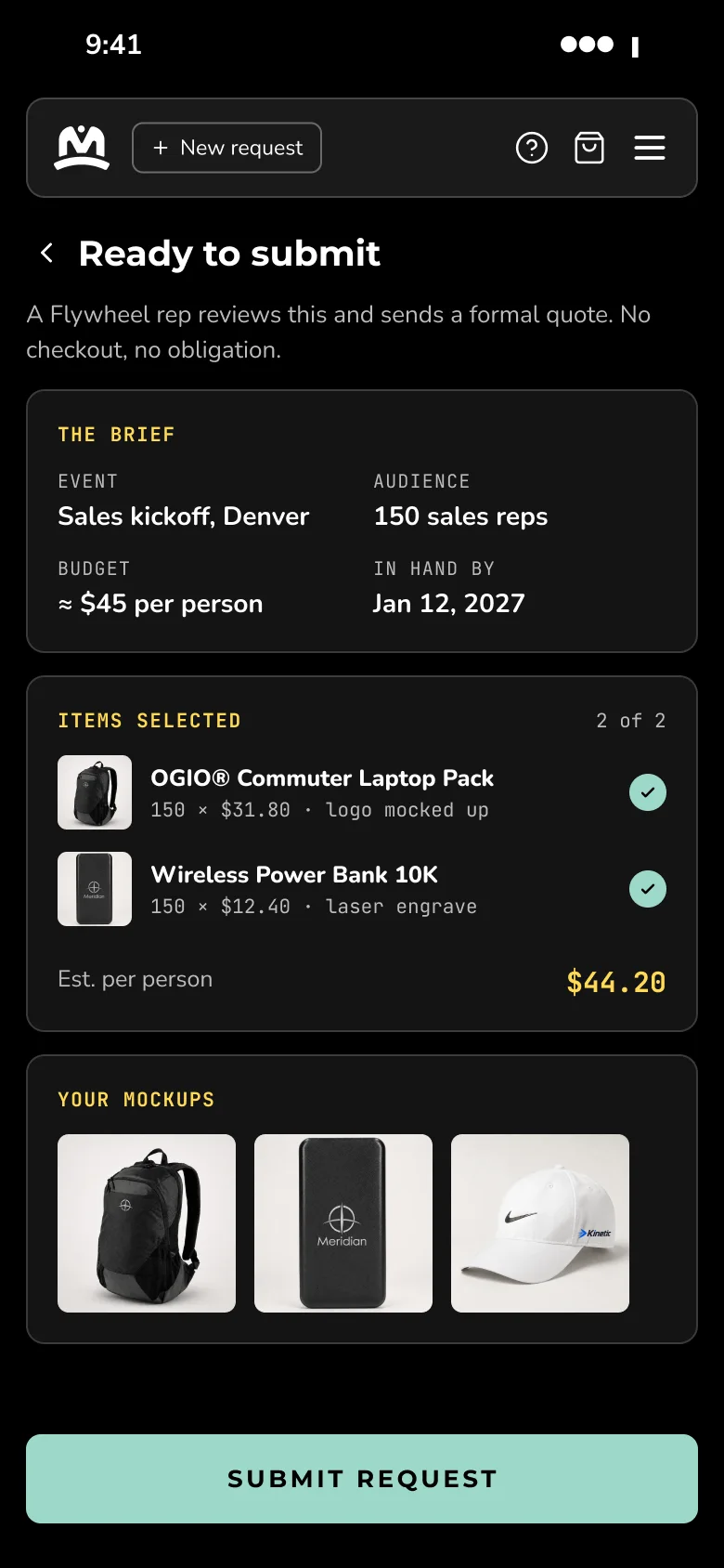 Mobile request summary with the buyer brief, selected products, mockups, and submit button.