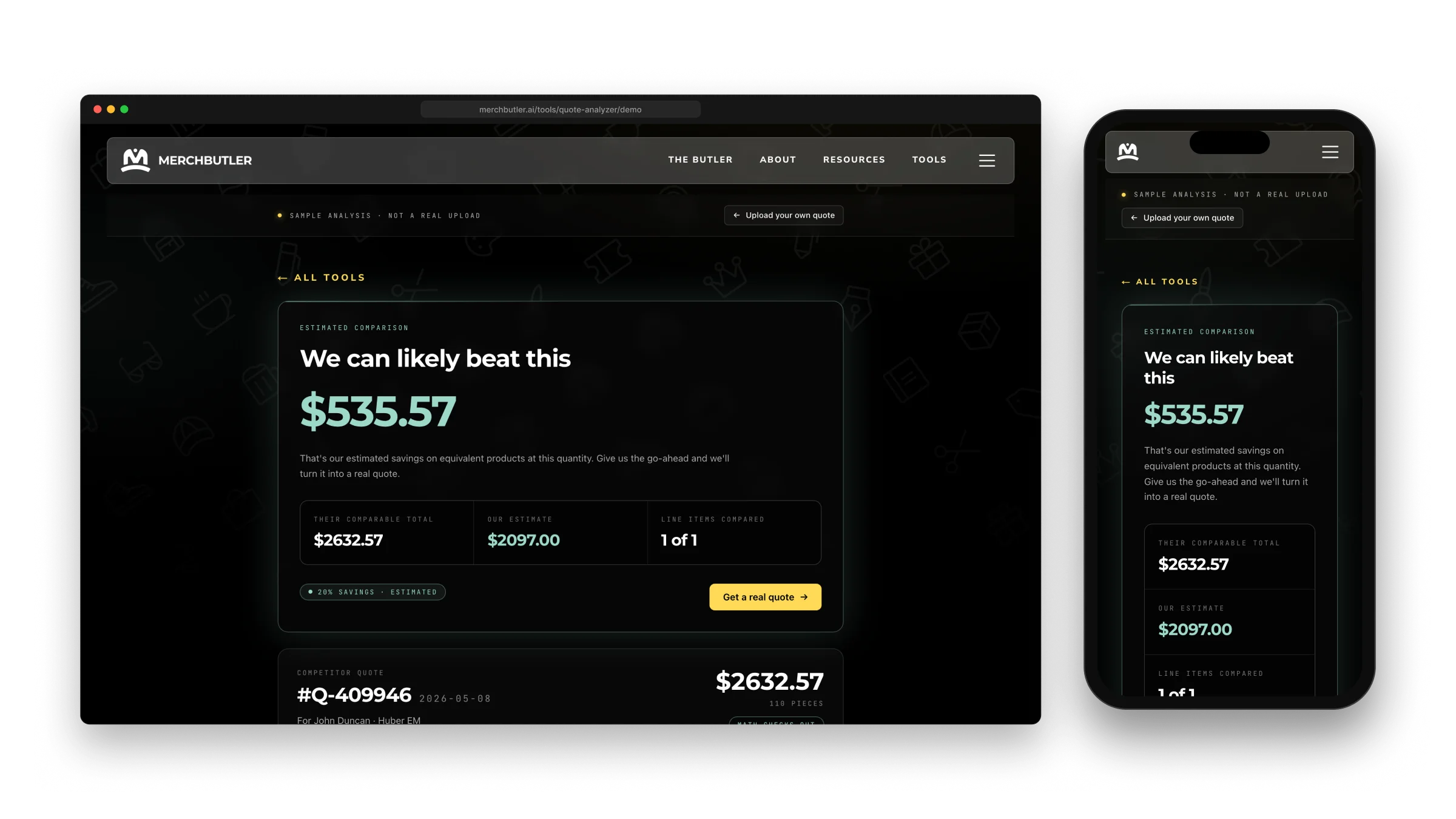 Desktop and mobile Quote Analyzer results show the uploaded total, MerchButler estimate, and savings.