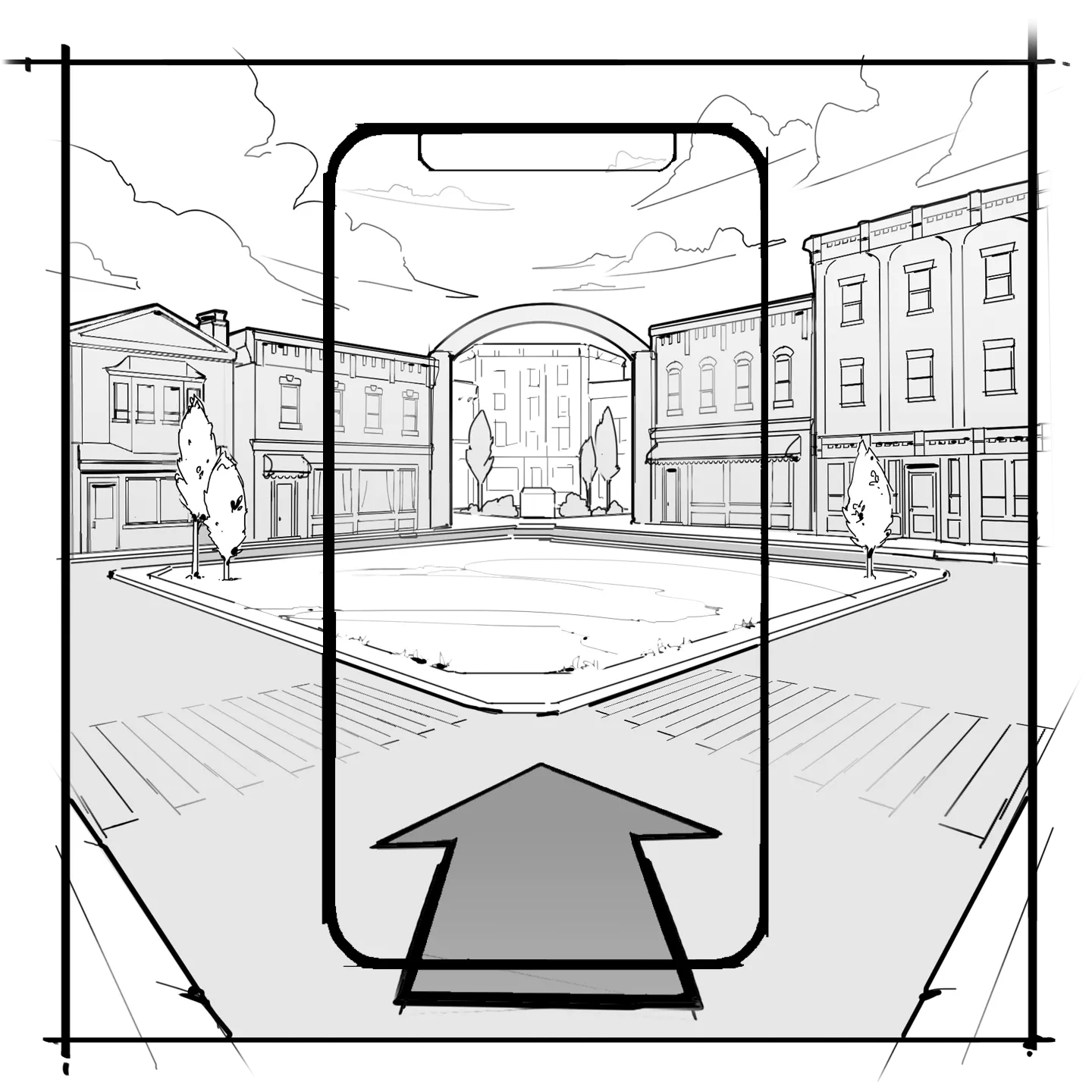 A concept sketch of a Main Street building.