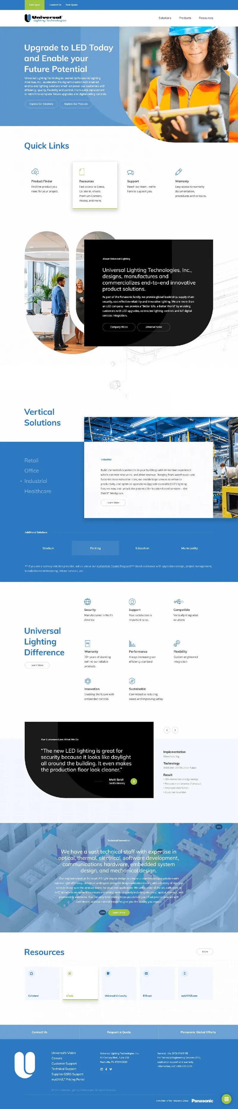 The Universal Lighting Technologies homepage Triptych built, scrolling from its header to its footer