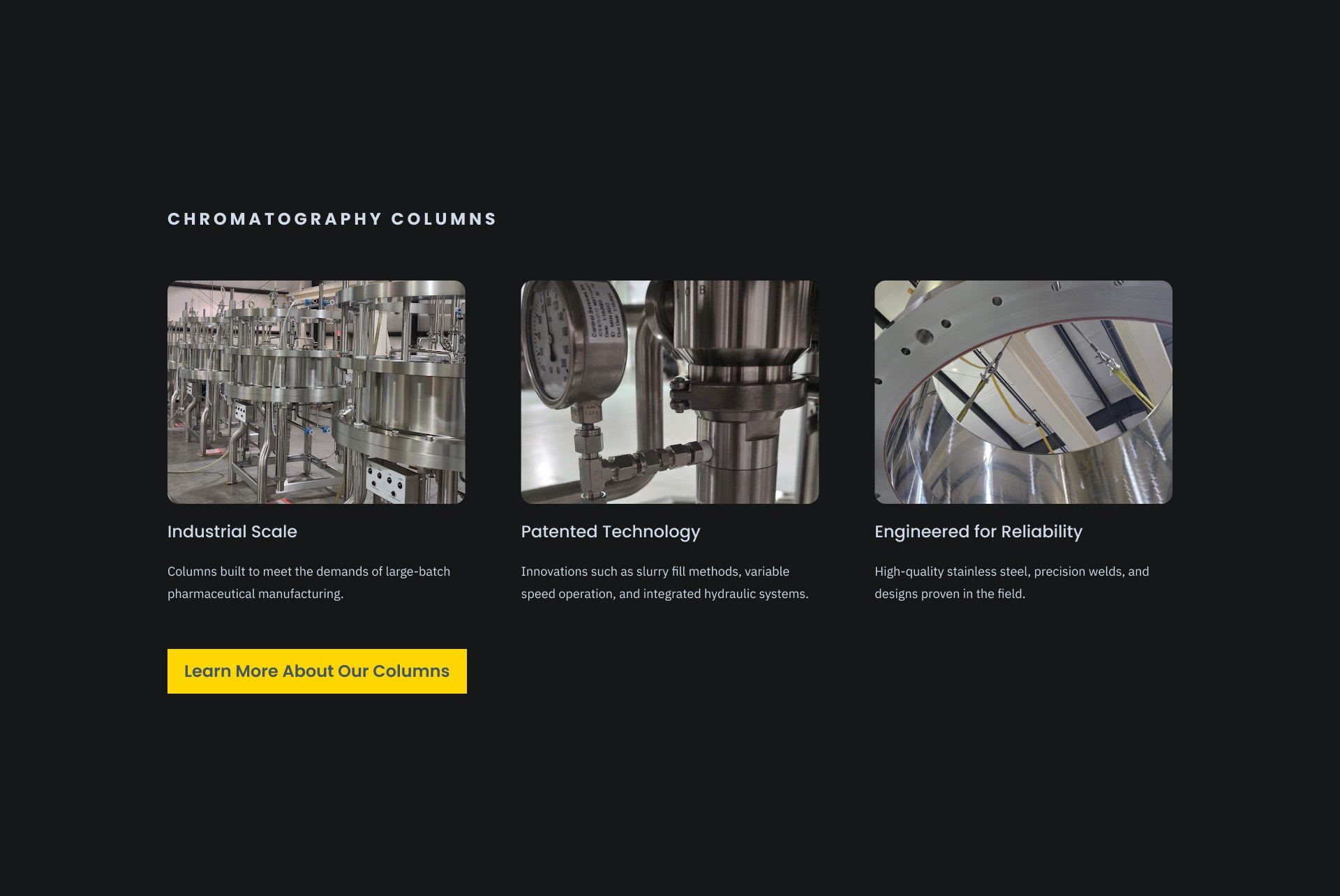 The chromatography column category cards from the Mann Welding homepage