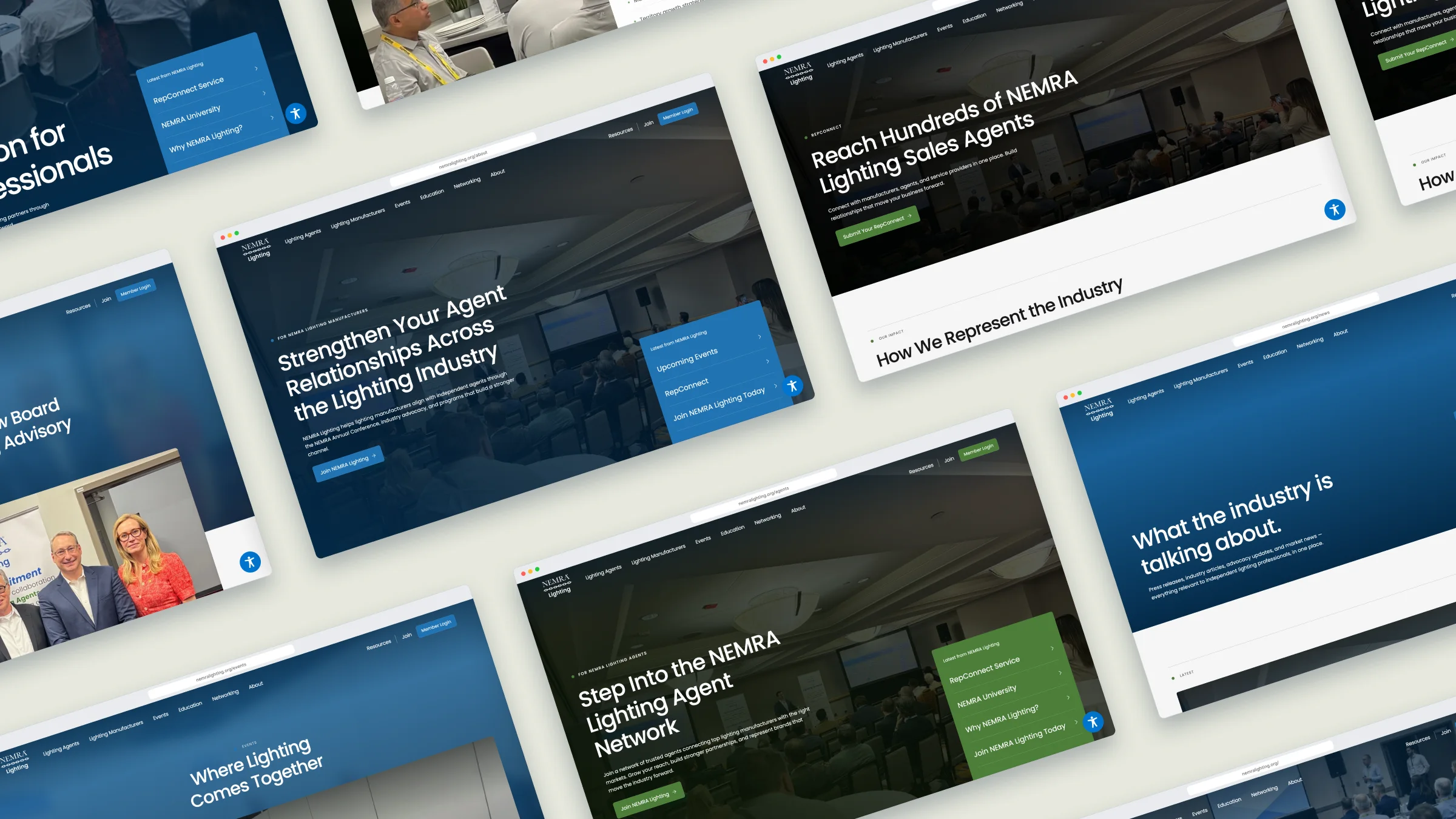 An angled array of NEMRA Lighting desktop pages: agents, manufacturers, events, education, news, RepConnect, and more