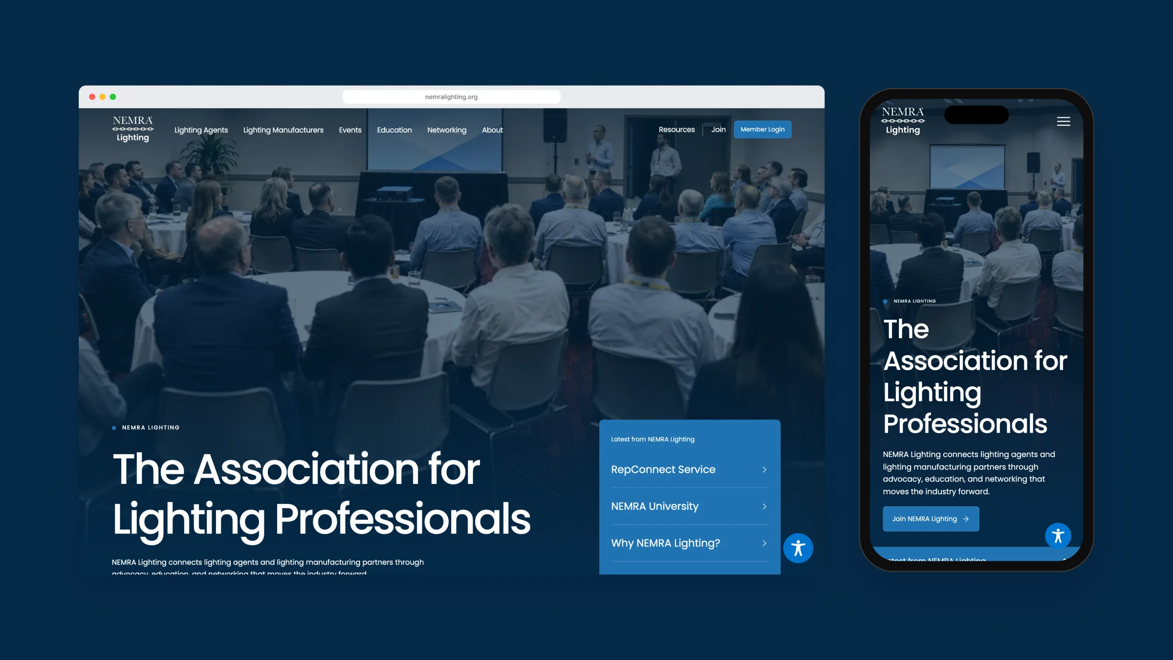 The NEMRA Lighting homepage on a desktop browser and a phone, built by Triptych
