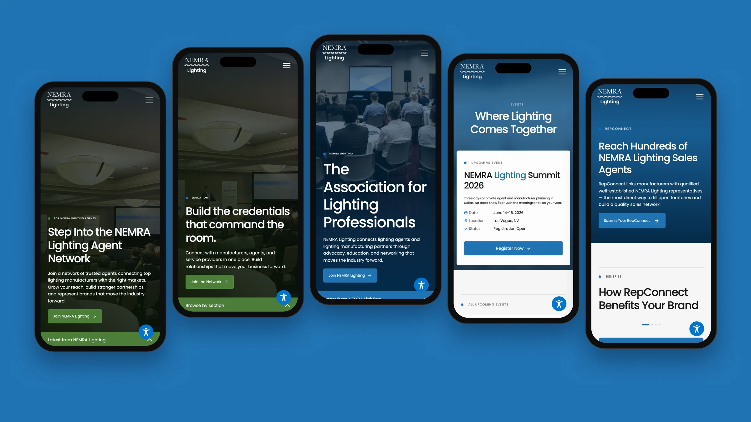 Five NEMRA Lighting pages on phones: agents, education, home, events, and RepConnect