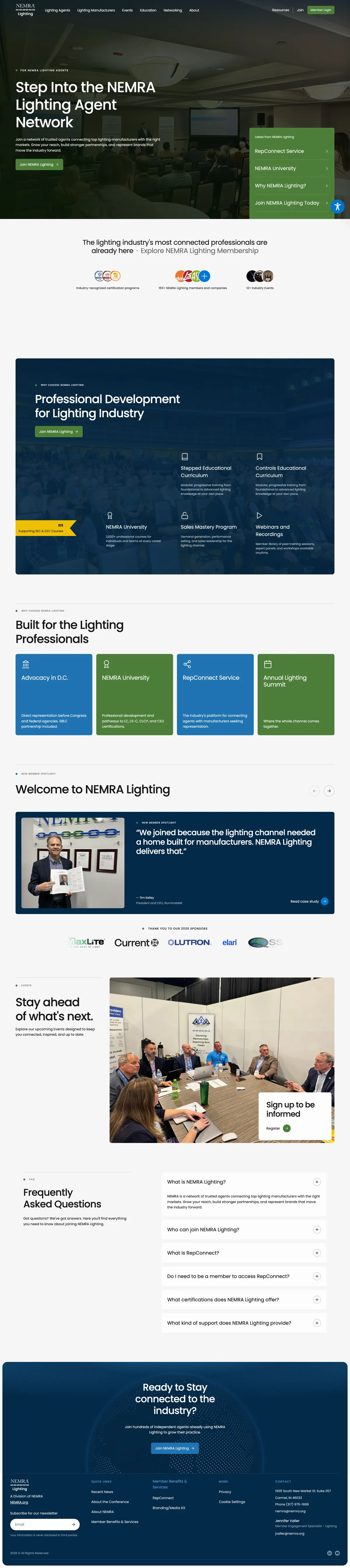 The full NEMRA Lighting page for lighting agents, from hero to footer