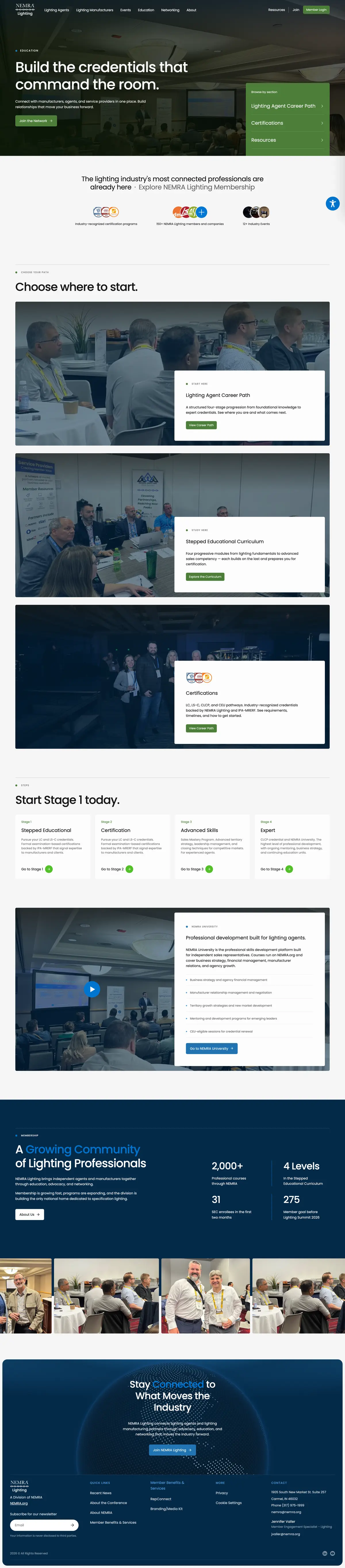 The full NEMRA Lighting education page, from hero to footer