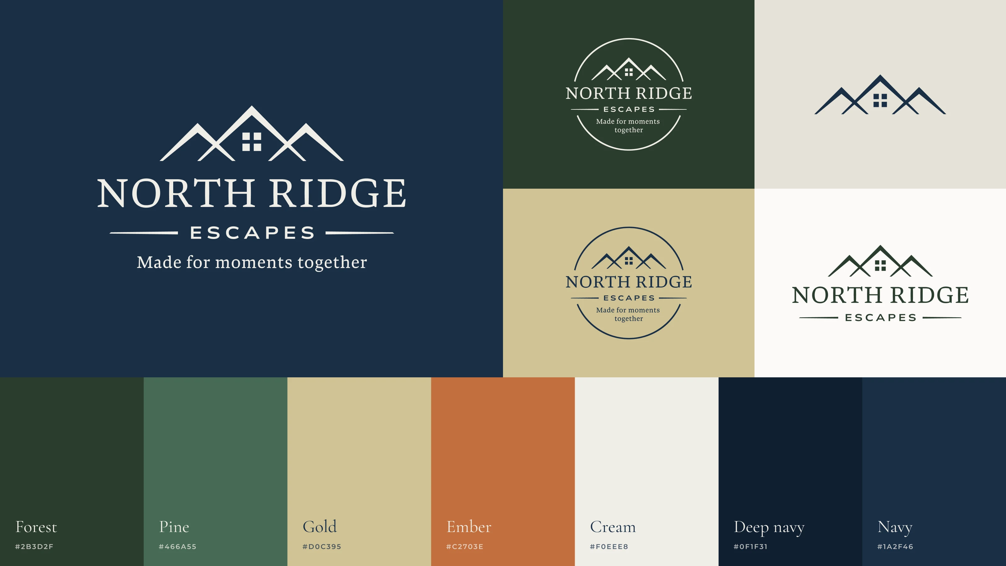 The North Ridge Escapes brand board: the full lockup on navy, the badge on forest and gold, the mark, the wordmark and seven brand colors