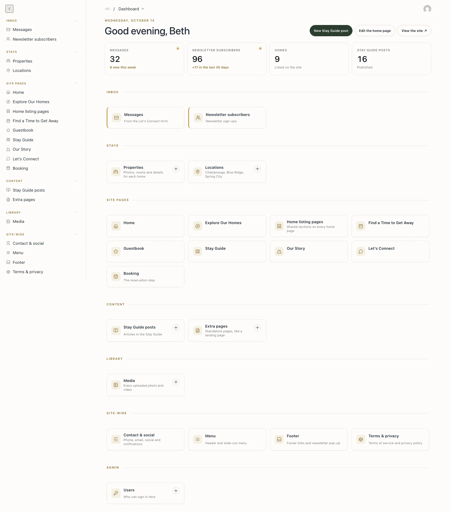The North Ridge Escapes Payload CMS dashboard with a greeting, counts, and grouped shortcuts