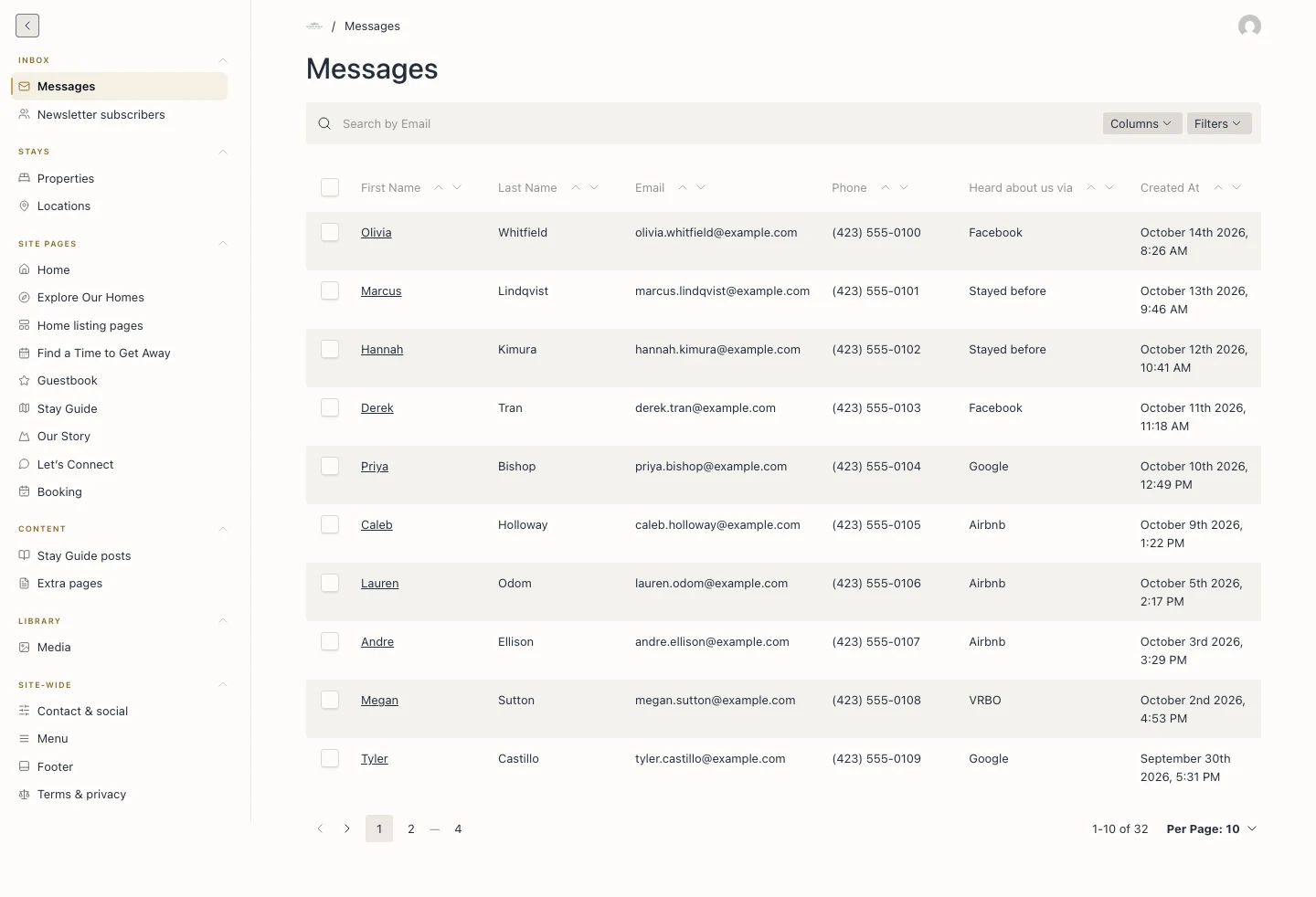 The Payload CMS inbox listing sample guest messages with names, emails and dates