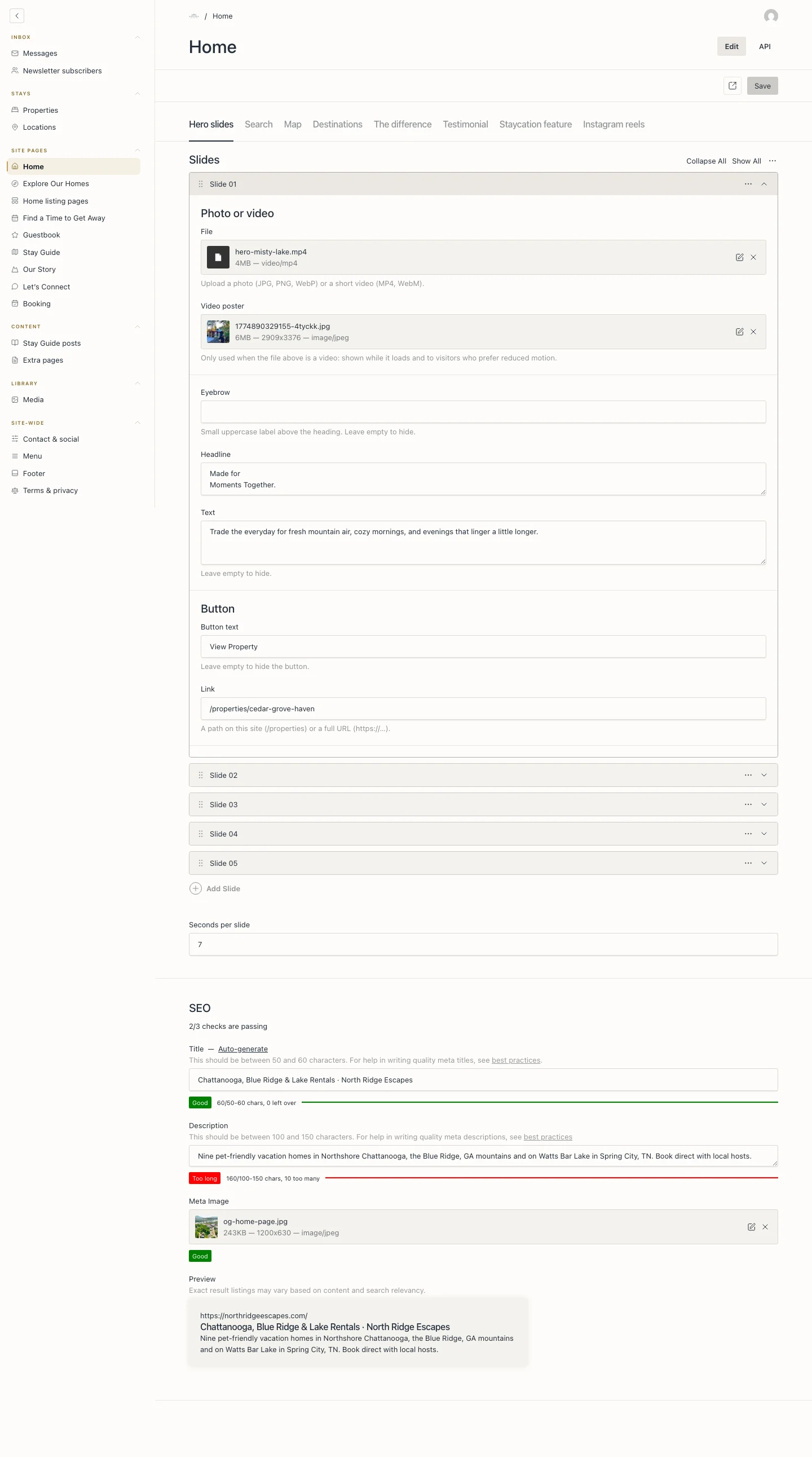 The Home page entry in Payload CMS, open to the hero slides tab