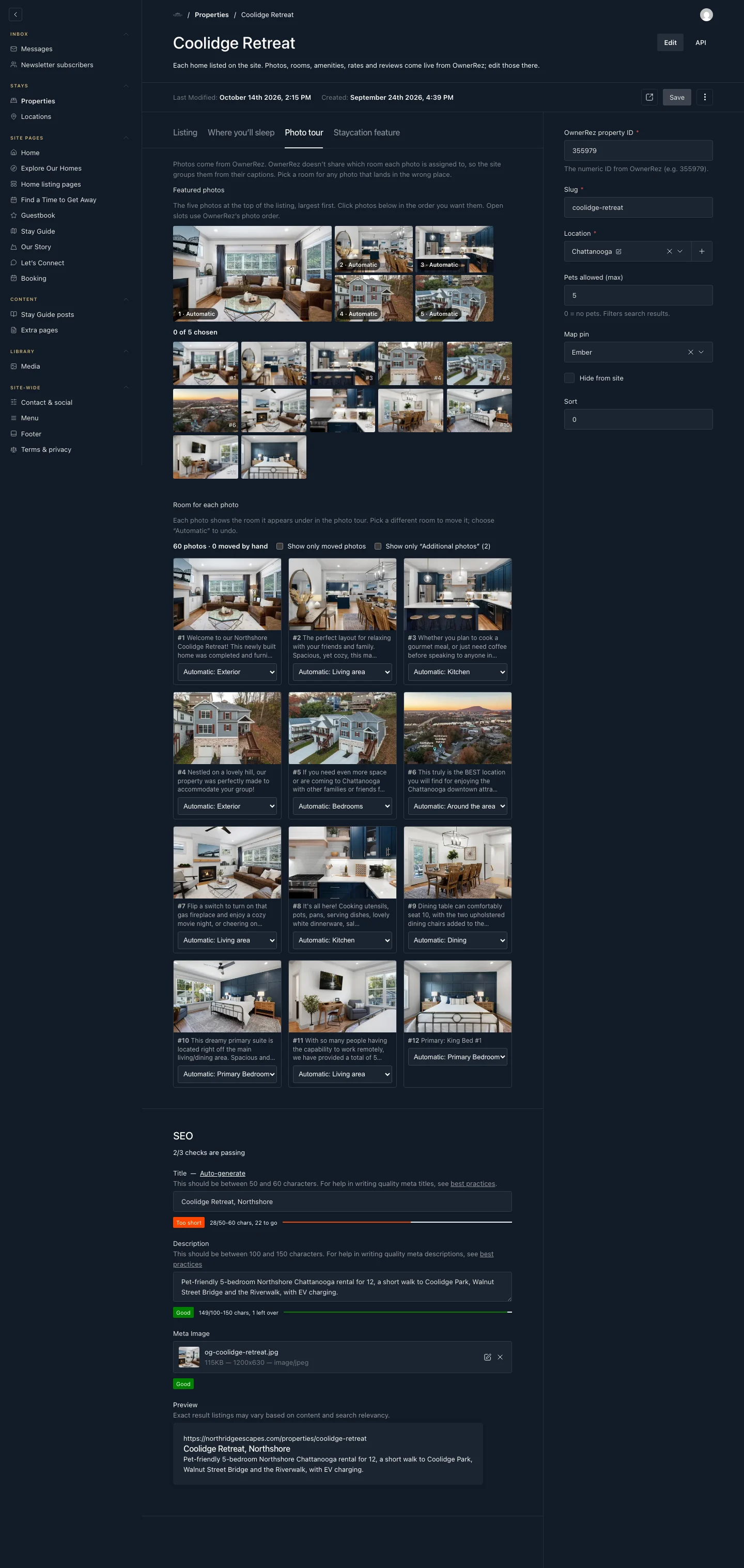 The photo tour editor in the Payload CMS dark theme, with five featured photos and a room menu under every OwnerRez photo