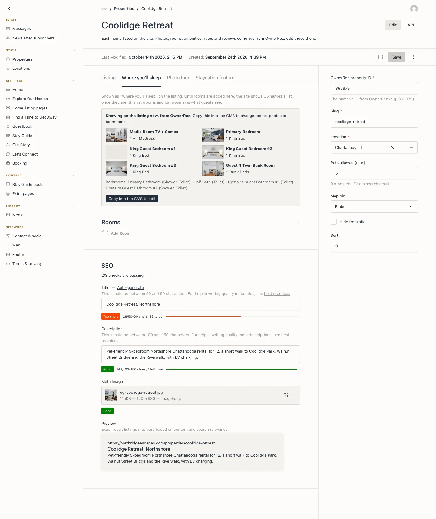 The Coolidge Retreat record in Payload CMS, showing the rooms OwnerRez publishes and the SEO checks