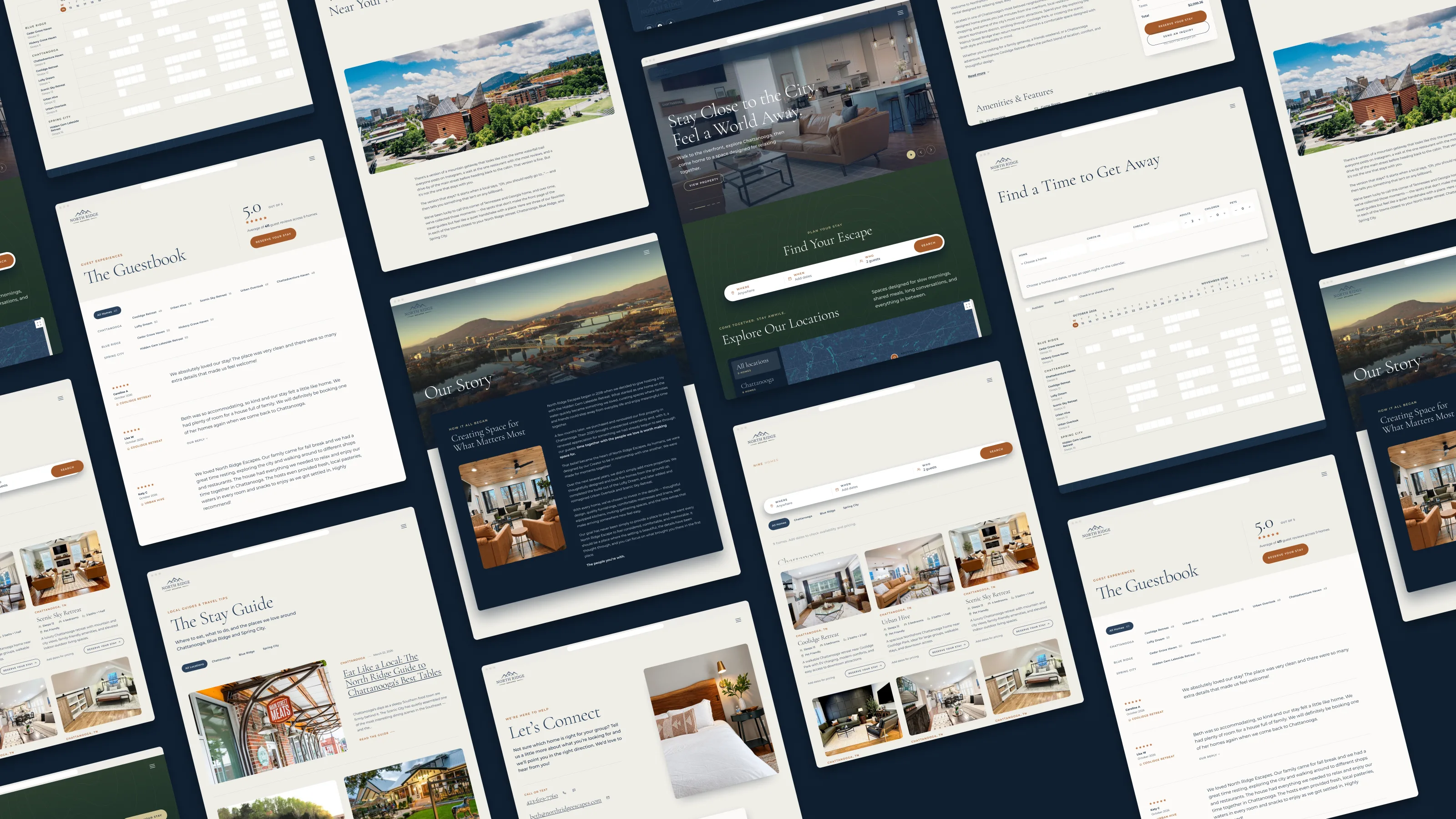An angled array of North Ridge Escapes pages: home, search results, a listing, availability, the Guestbook, the Stay Guide, Our Story and Let’s Connect