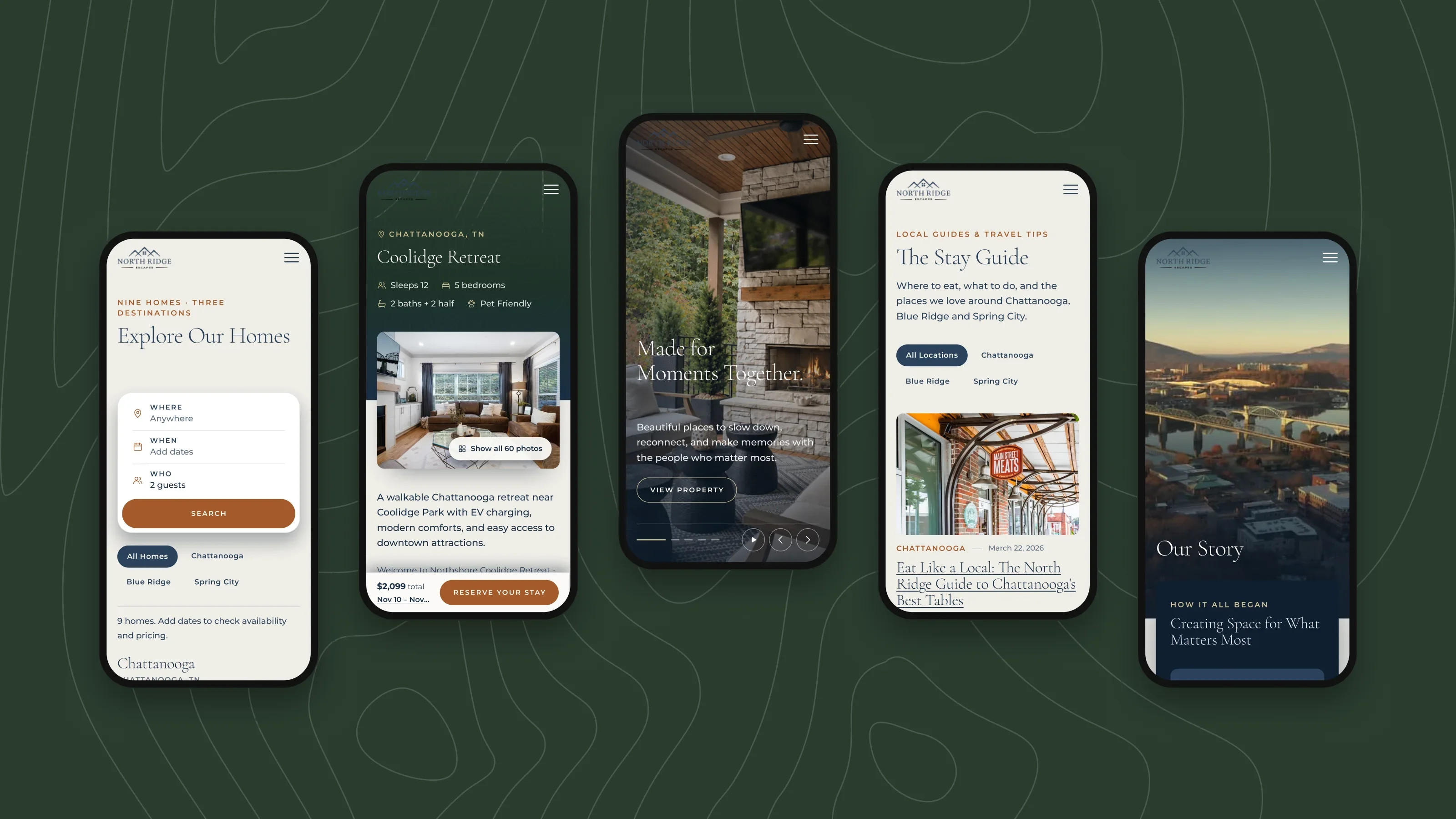 Five North Ridge Escapes pages on phones: search, a listing with its booking bar, the home page, the Stay Guide and Our Story