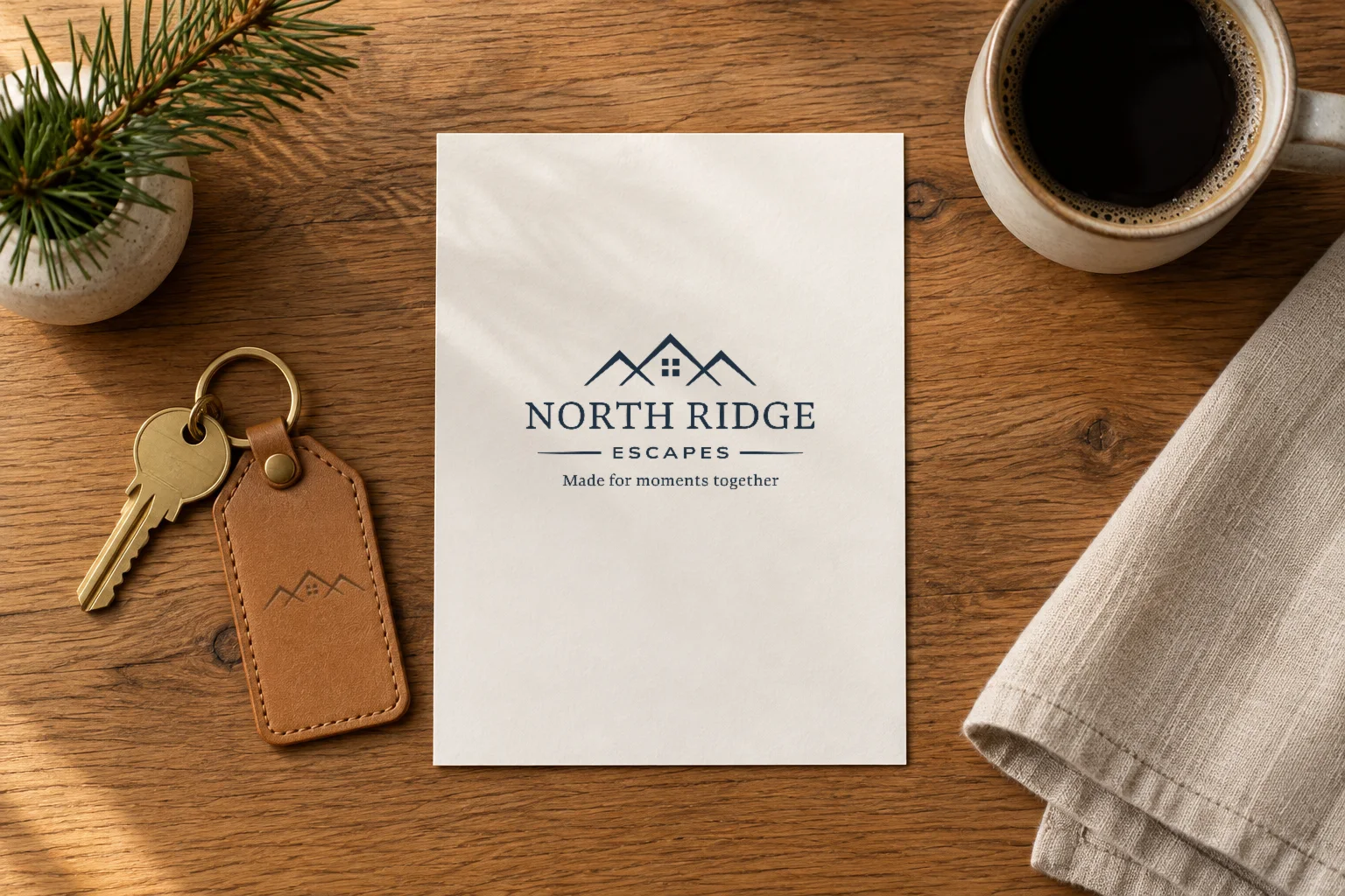 A North Ridge Escapes welcome card printed in navy on a wooden table, beside a house key on a leather tag debossed with the mark
