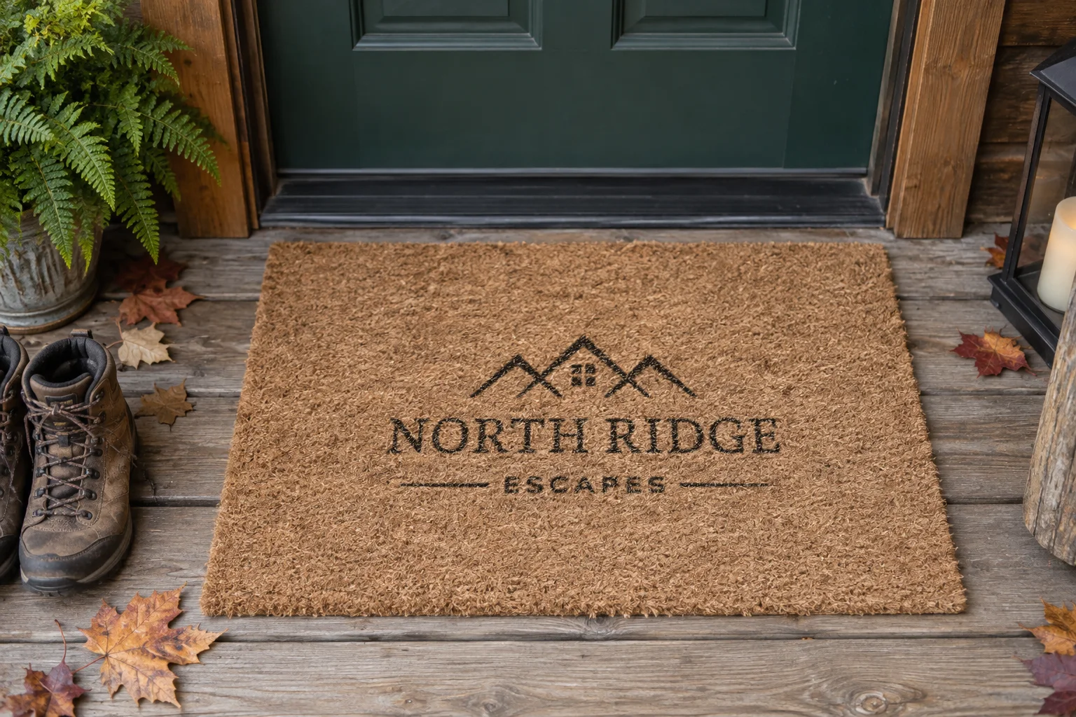 A coir doormat printed with the North Ridge Escapes wordmark in front of a green cabin door