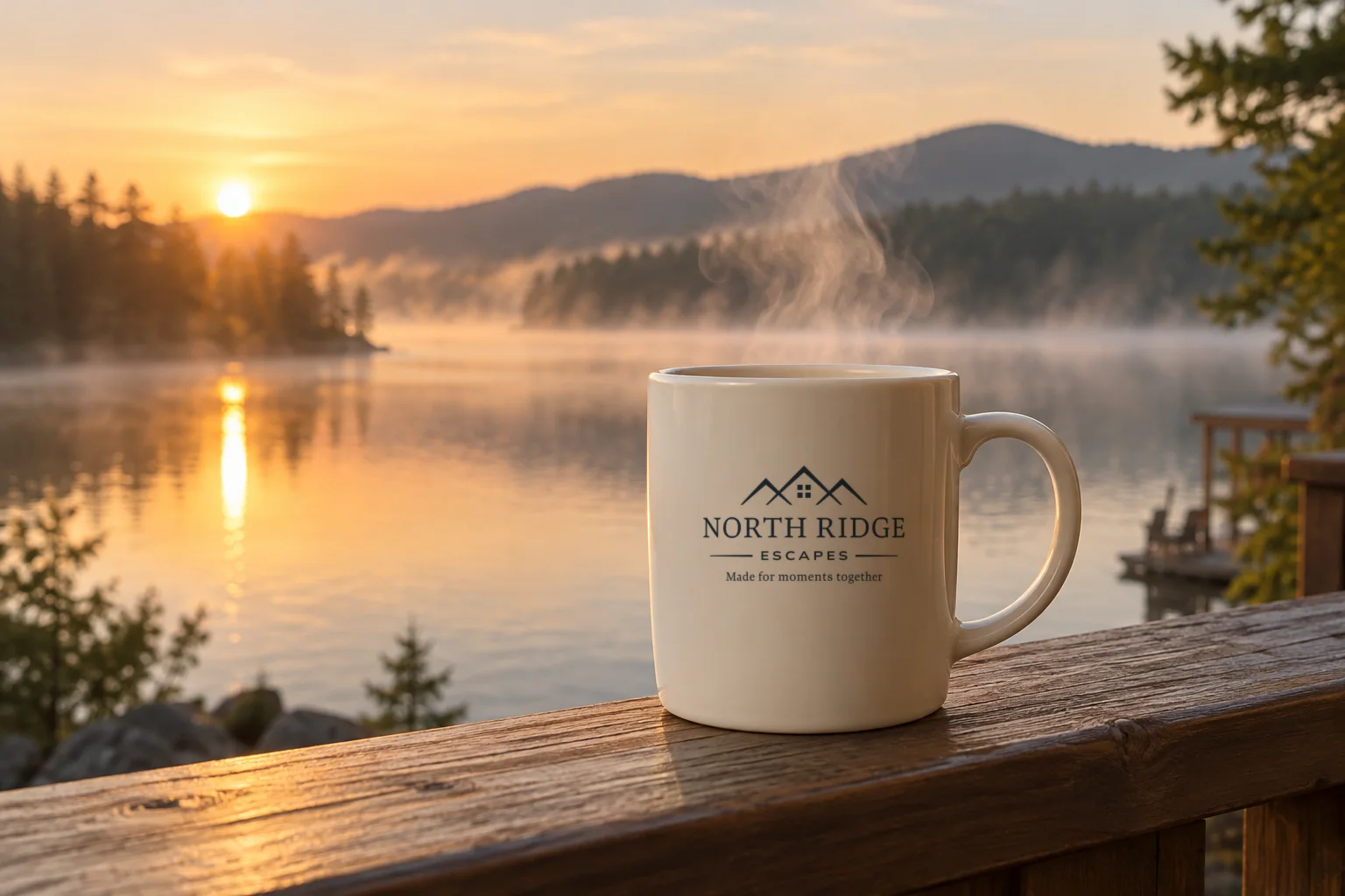 A cream North Ridge Escapes mug on a deck railing above a misty lake at sunrise