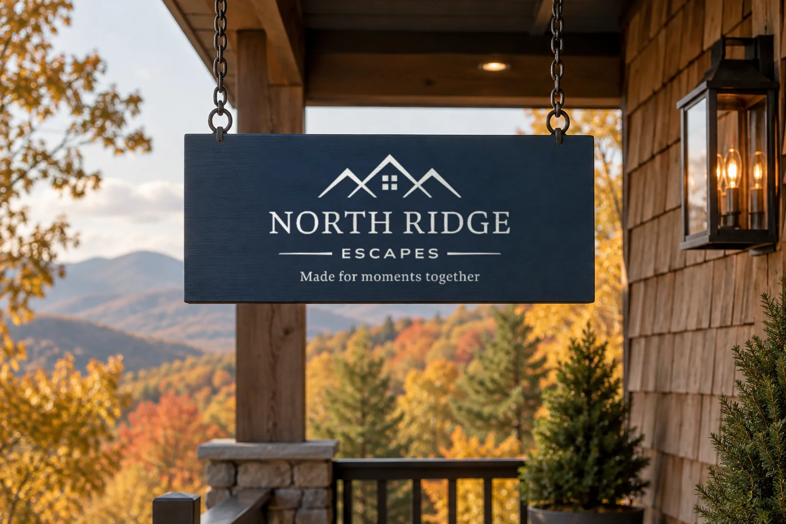 A navy hanging sign painted with the North Ridge Escapes logo under a cabin porch, with autumn mountains behind