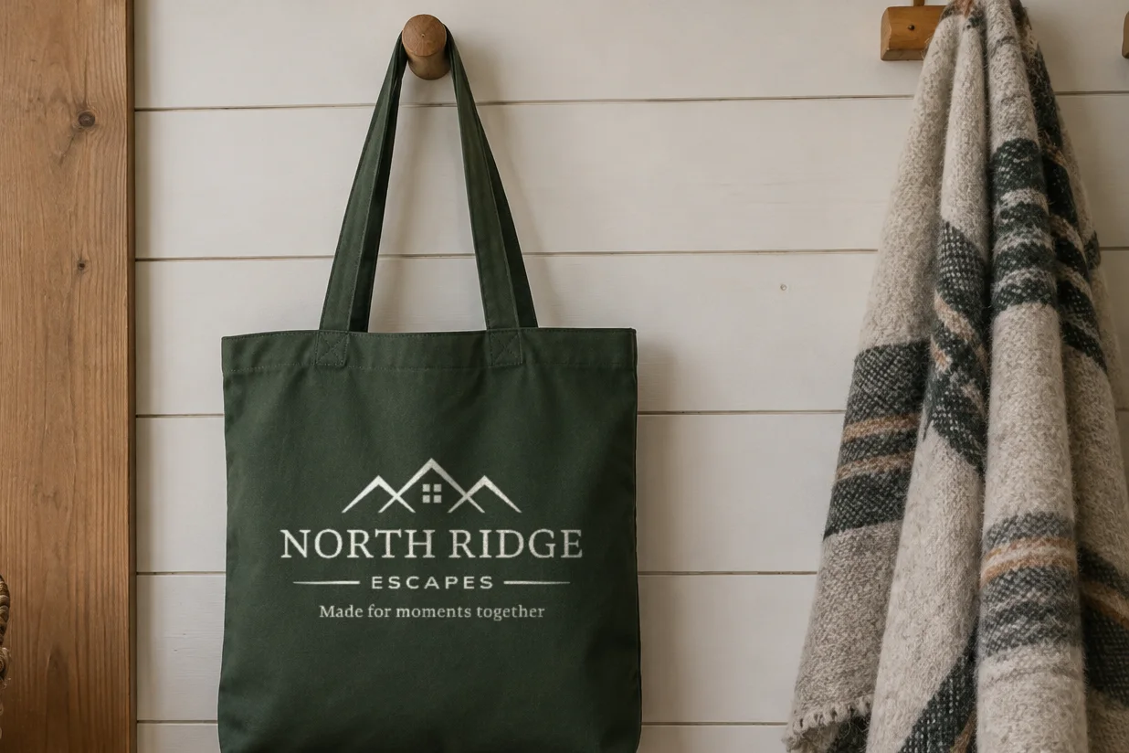 A forest green tote bag screen printed with the North Ridge Escapes logo, hanging on a cabin wall