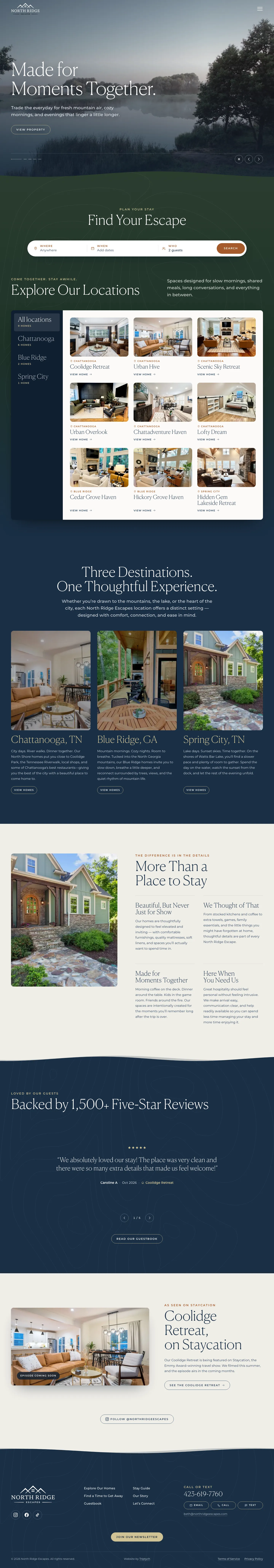 The full North Ridge Escapes homepage, from the hero slideshow to the footer