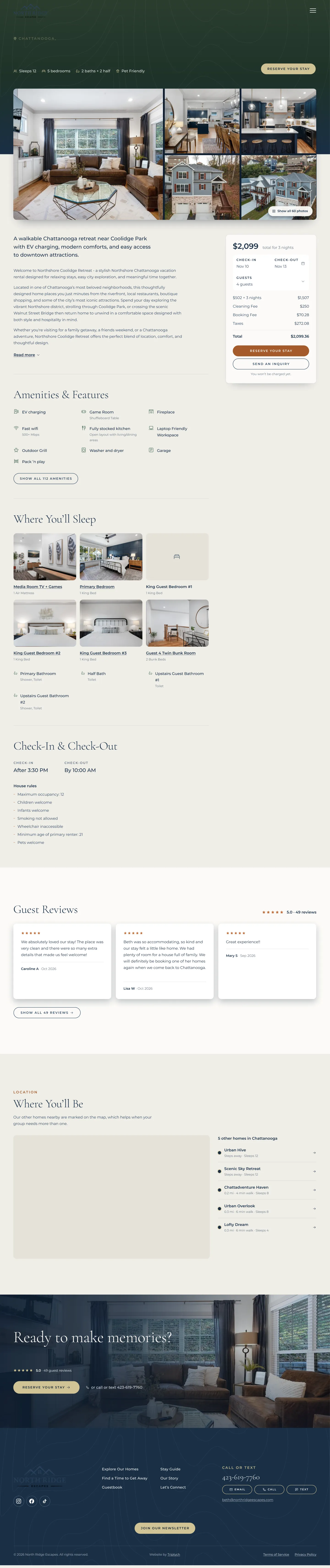 The full Coolidge Retreat listing page, with photo mosaic, booking panel, rooms and reviews