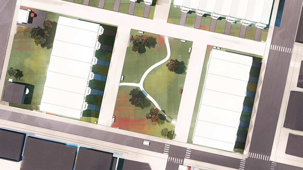 Aerial render of a townhome development