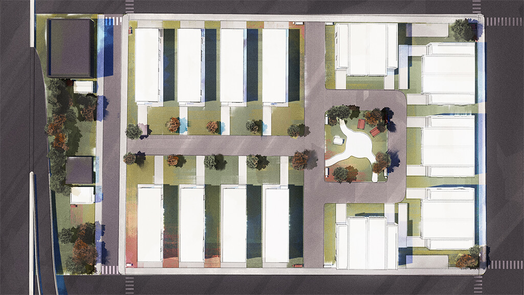 Aerial render of a modular home community