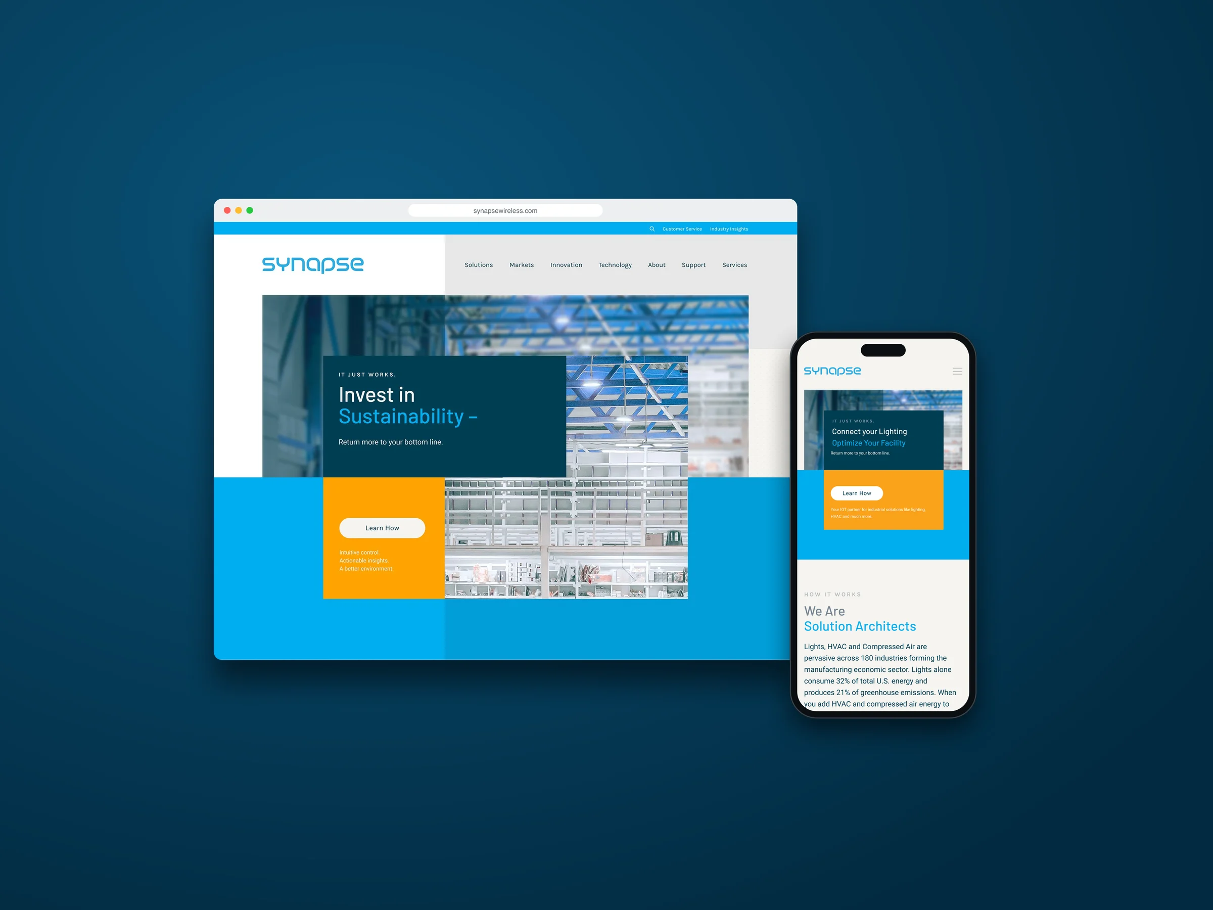 The Synapse Wireless homepage on a laptop and a phone, with the headline Invest in Sustainability over a lit warehouse
