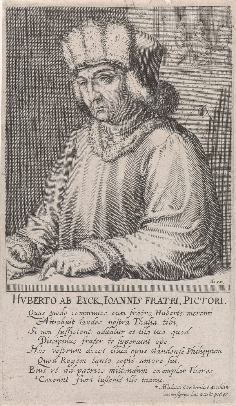Engraved portrait of Hubert van Eyck wearing a fur hat, made in 1610.