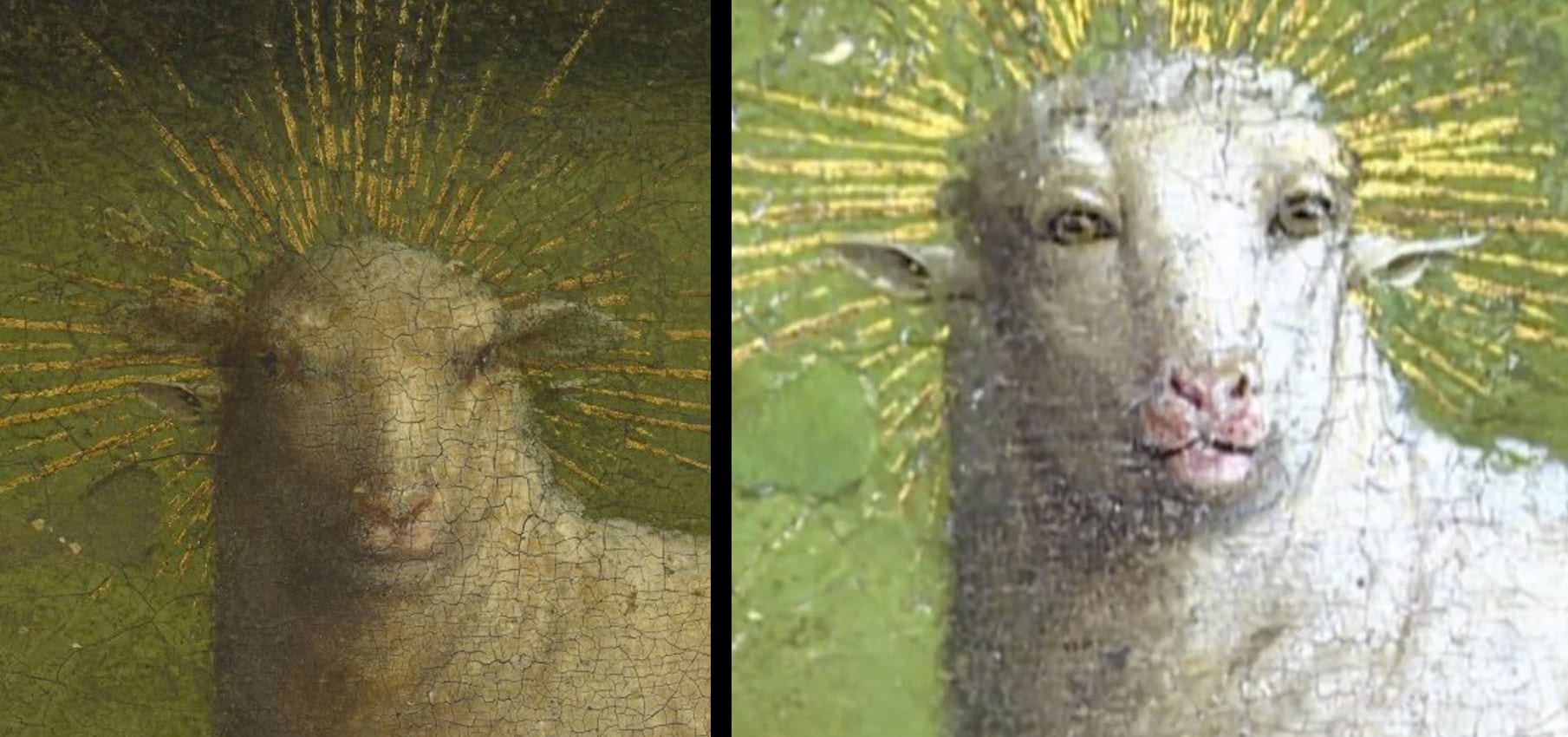 The lamb’s head before and after restoration, showing the uncovered face with forward-facing eyes.