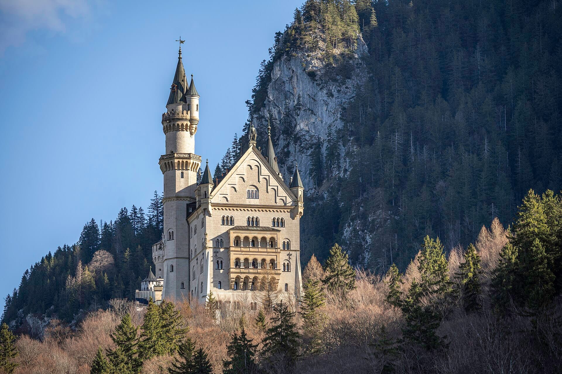 Neuschwanstein Castle’s white towers rise above a wooded hillside and wintry valley in Bavaria.